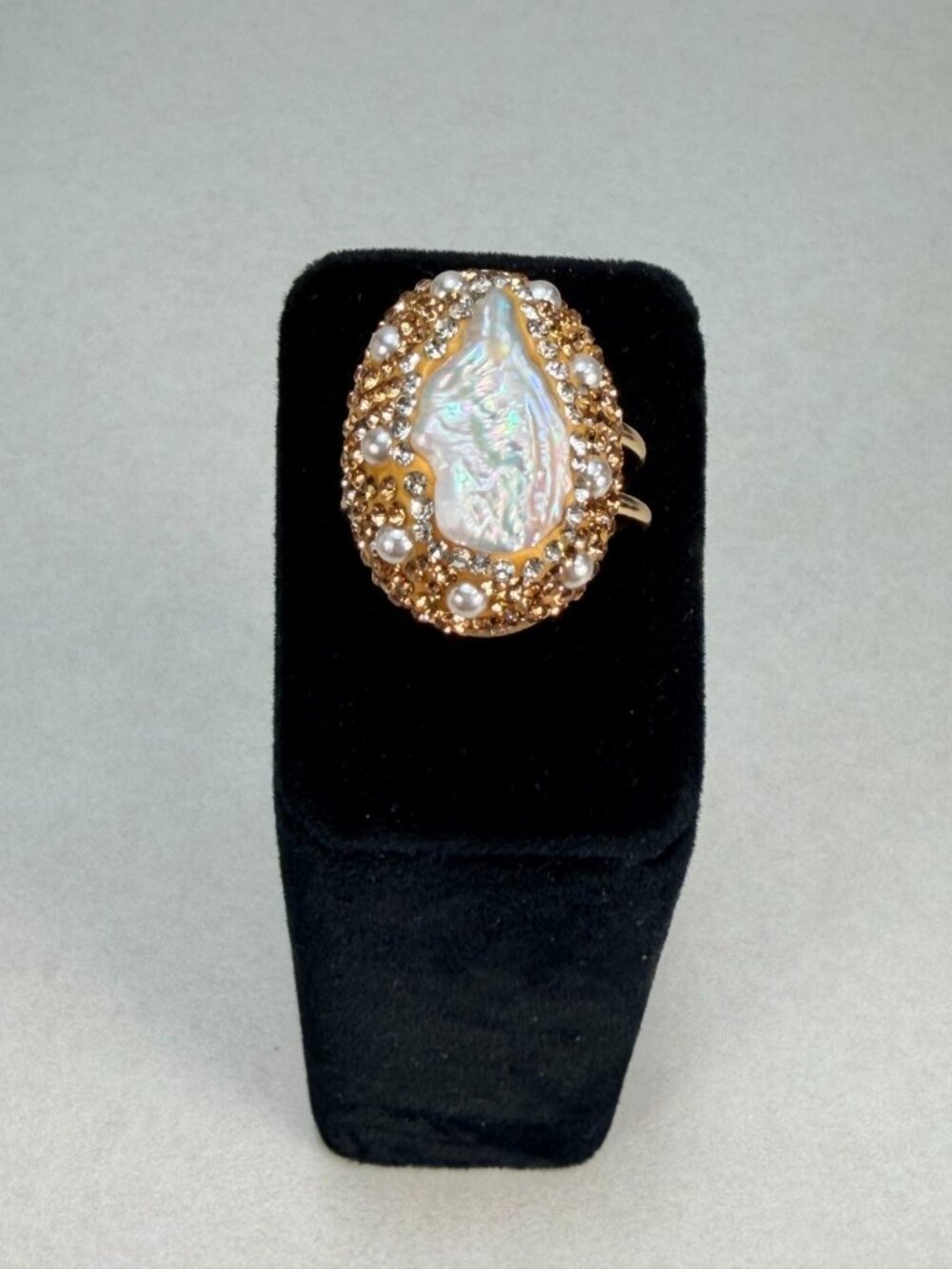 Modern Baroque Pearl Rhinestone Gold Tone Cocktail Ring Adjustable Statement